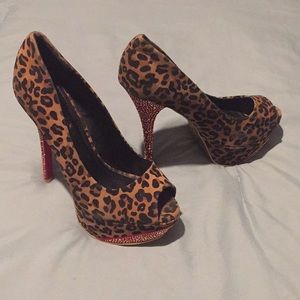 Leopard print heels w/ red velvet & rhinestones